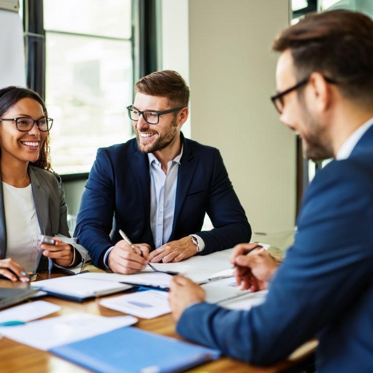 Drei Business-Profis in Besprechung mit Unterlagen – Symbol für Teamarbeit, strategische Beratung und gemeinsame Entscheidungsfindung.