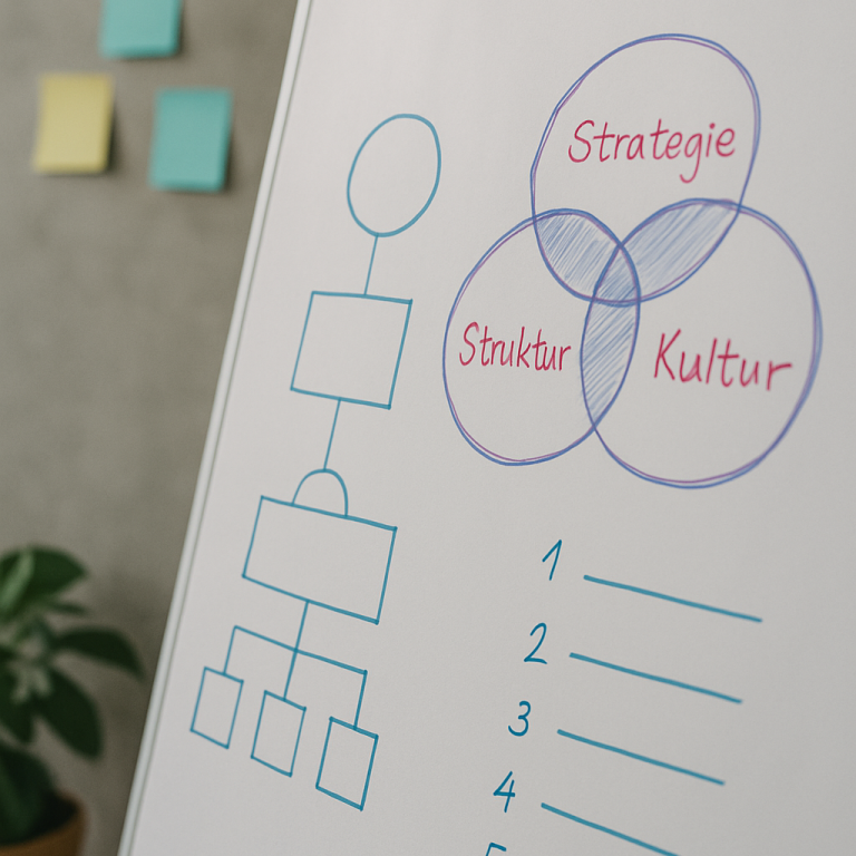 Flipchart mit Organisationsgrafik und überlappenden Kreisen zu Strategie, Struktur und Kultur.