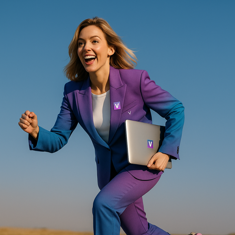 Frau im VisionSprint-Anzug mit Laptop läuft lachend über eine Ziellinie – Sinnbild für Zielklarheit, Transformation und Freude an Veränderun