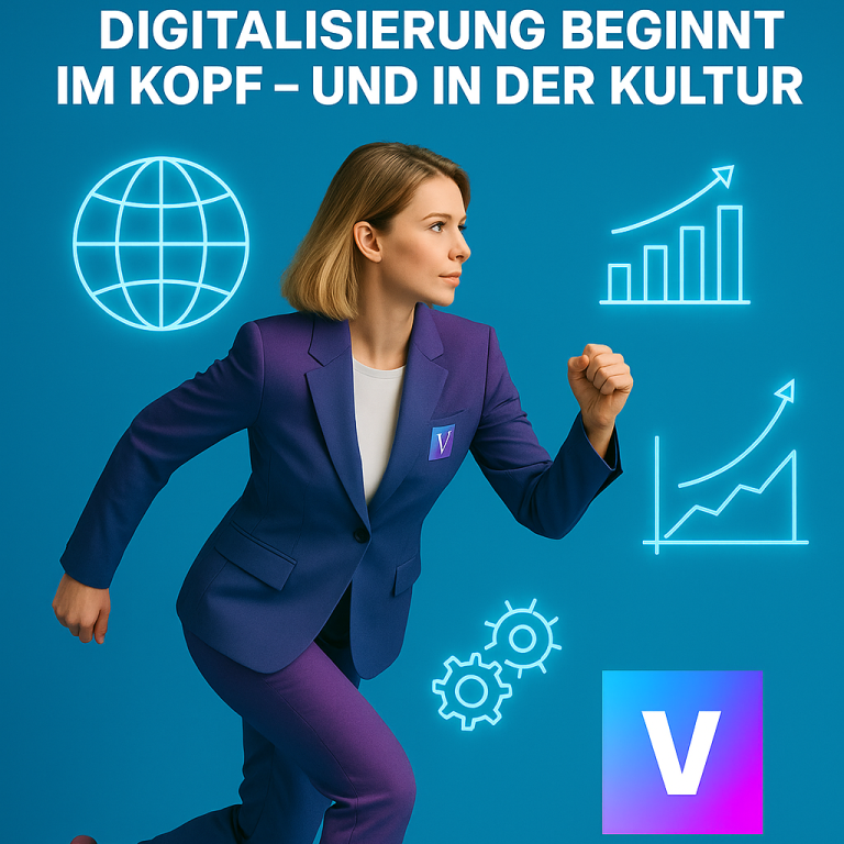 Frau im VisionSprint-Anzug in Laufhaltung vor Icons für Digitalisierung, Wachstum und Kultur – Sinnbild für digitale Transformation mit Halt