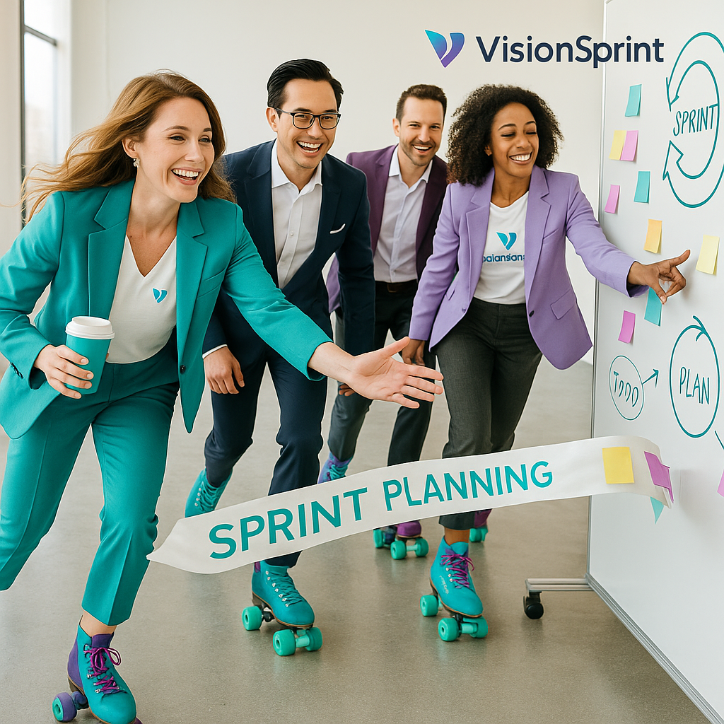 VisionSprint-Team auf Rollschuhen durchläuft gemeinsam das Sprint Planning – Symbol für agile Zusammenarbeit, Dynamik und Teamgeist