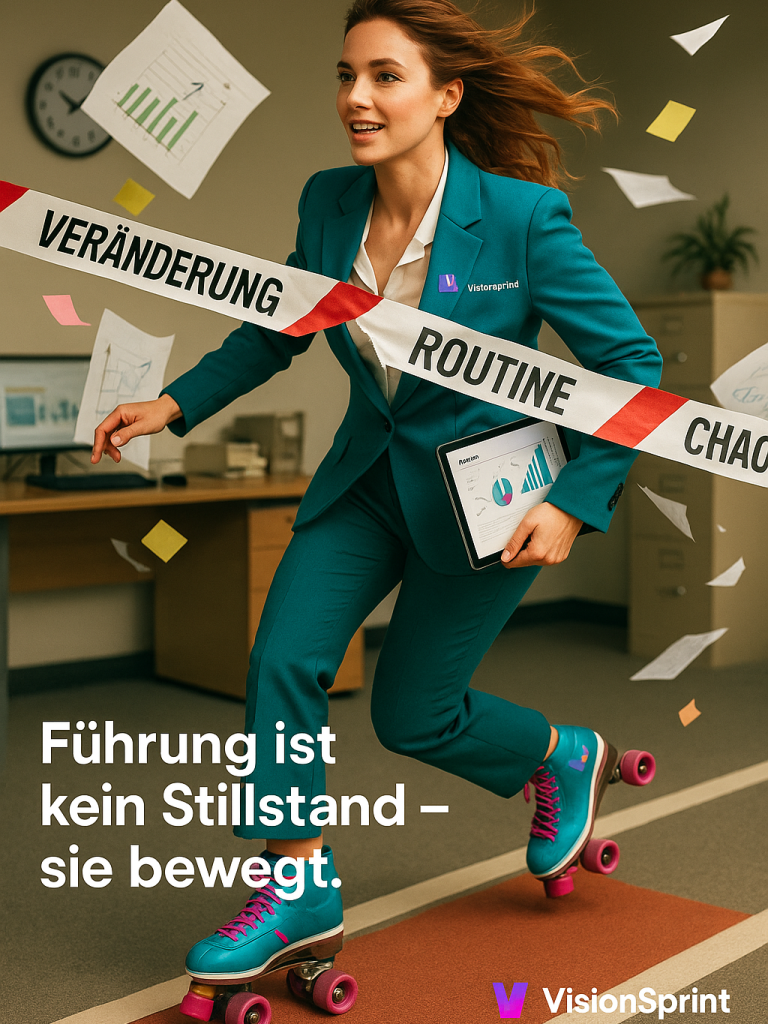 Businessfrau auf Rollschuhen durchbricht Absperrbänder mit Aufschrift ‚Veränderung, Routine, Chaos‘ – Symbol für bewegliche Führung.