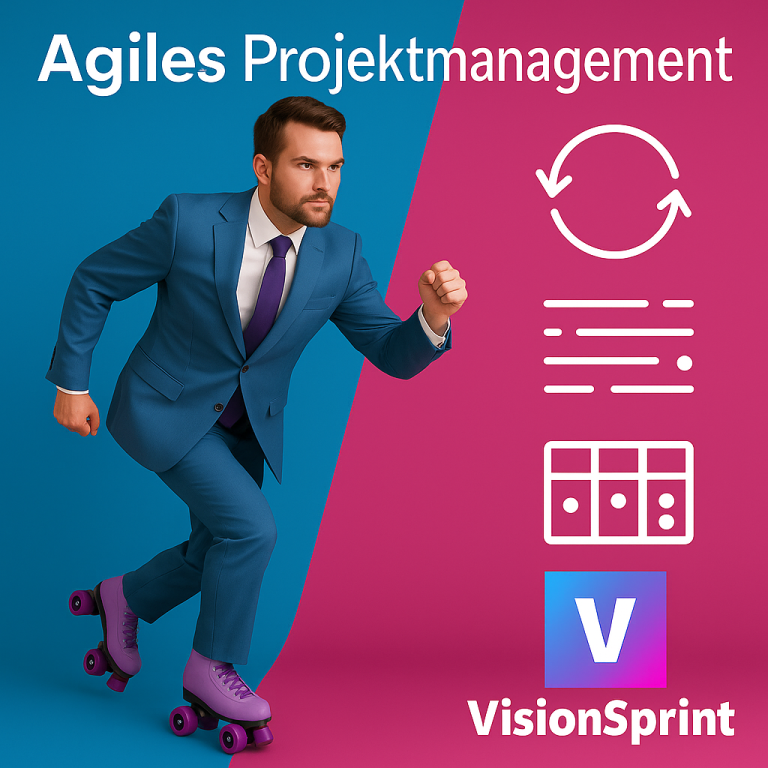 Mann im Business-Anzug auf Rollschuhen vor zweifarbiger Kulisse – VisionSprint-Symbolbild für agiles Projektmanagement mit Icons für Zyklus,